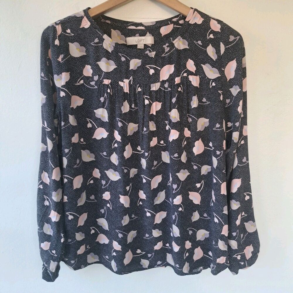 Ann Taylor Loft Blouse Floral Black Long Sleeve Shirt Top Medium Flowers Career